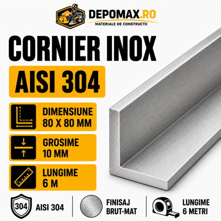 Cornier inox AISI 304, 80 x 80 x 10 mm, 6 metri